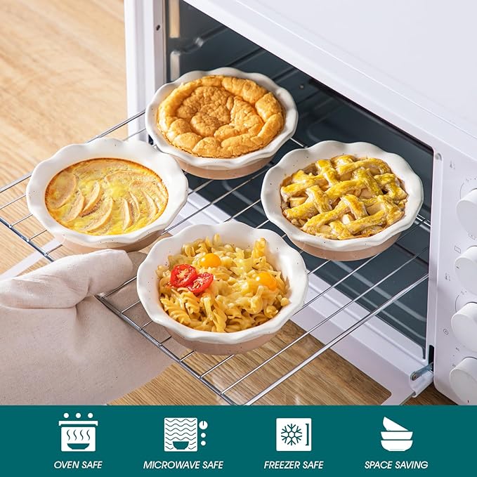 vancasso Mini Pie Pans Set of 6, 5.2 inch Ceramic Small Pie Plate for Baking, Shallow Ramekins Mini Pie Dish with Ruffled Edge for Chicken Pot Pie, Cake, Quiche, Tart, Cream Colored