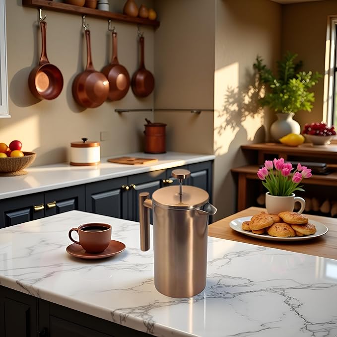 YJX 34oz Coffee Maker, Stainless Steel French Press, 1 Liter Camping Coffee Pot, Tea Maker, 34 Ounce Travel Coffee Presses, Heat Resistant Double Insulated (Coppery)