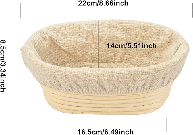 2 PCS 8 inch Oval Long Banneton Brotform Bread Dough Proofing Rising Rattan Basket & Liner for Professional & Home Bakers