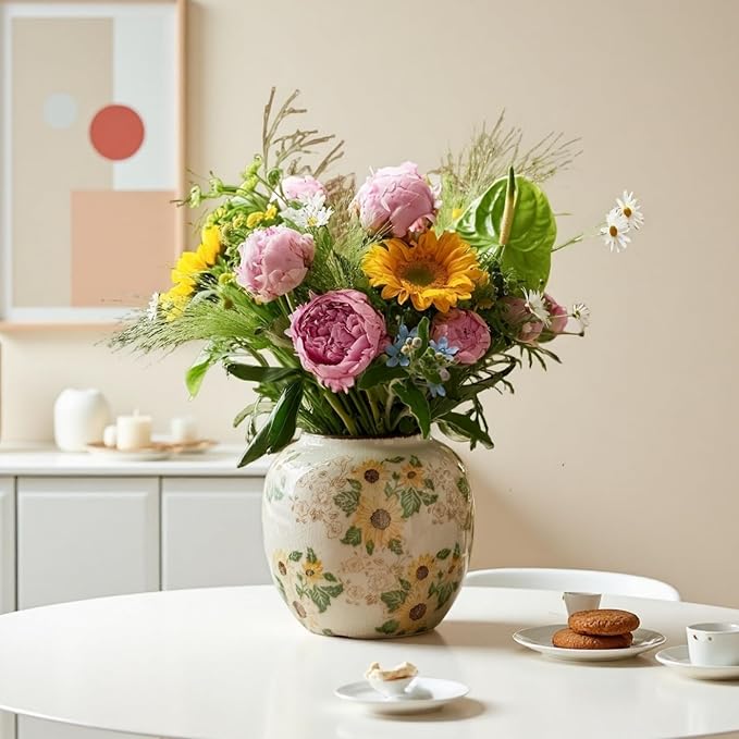 Round Pastoral Ceramic Vase, 6.3 Inch Chinoiserie Sunflower Yellow Floral Vases, Retro Ice Cracked Rustic Antique Flower Vases for Rustic Living Room Home Decor (Large Round)