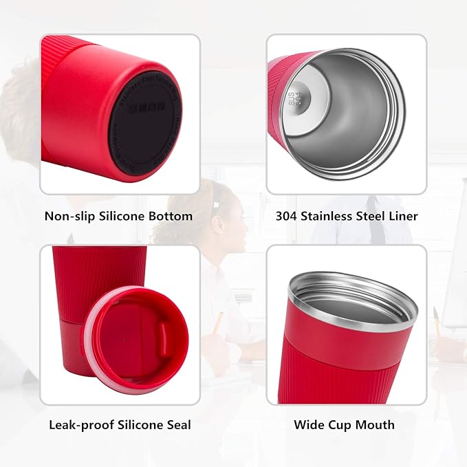 Travel Coffee Mug Spill Proof Leakproof 16 oz Insulated Coffee Mug with Screw Lid, Stainless Steel Vacuum Tumbler Reusable Thermal Coffee Cup to go for Hot and Cold Drinks -510ml,Red