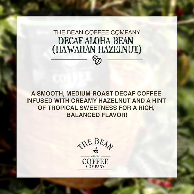 The Bean Organic Coffee Company Water Processed DECAF Aloha Bean (Hawaiian Hazelnut), Medium Roast, Ground Coffee, 16-Ounce Bags (Pack of 2), Café Molido Tostado Orgánico descafeinado