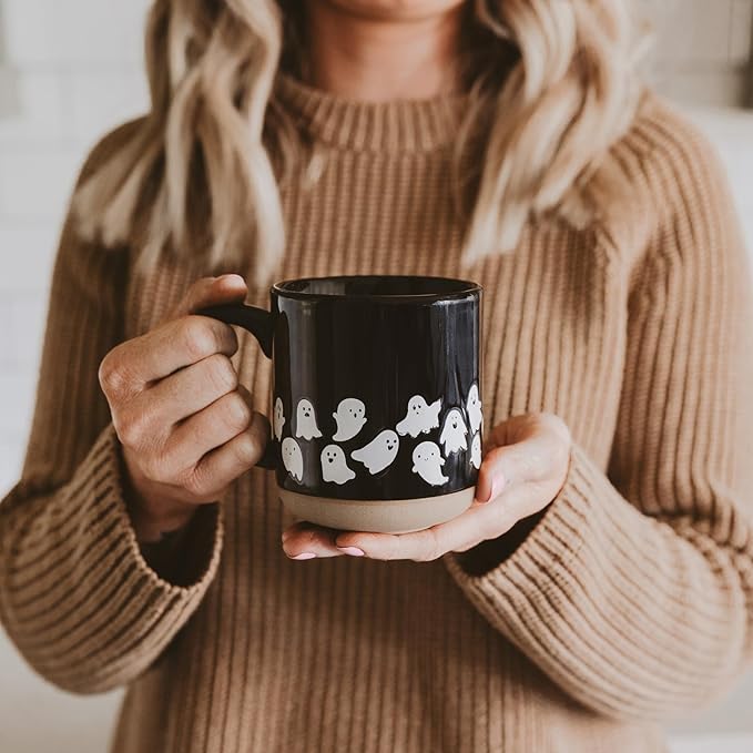 Sweet Water Decor White Ghosts Black Halloween Mugs - Halloween Coffee Mug Dishwasher & Microwave Safe - Fall Mug for Coffee & Hot Cocoa or Seasonal Brew - Black Stoneware Ghost Mugs