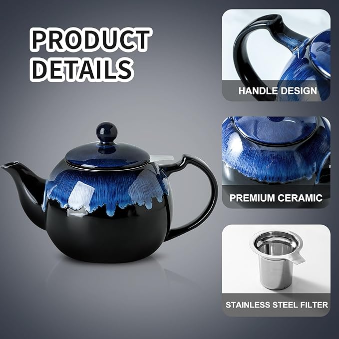 KOOV Tea Pot with Infuser for Loose Tea, 34 ounce Ceramic Teapot with Infuser, Enough For 6 Cups, Tea Pots with Tea Strainers for Tea Party, Reactive Glaze (Nebula Blue)