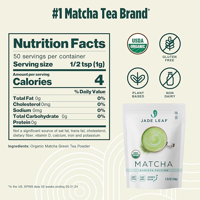 Jade Leaf Matcha Organic Premium Ceremonial Grade Matcha Green Tea Powder - Japanese - Culinary, Ingredient, Ceremonial Barista Teahouse, Latte, Collagen, 1.76 Ounce (Pack of 1), Ceremonial Barista