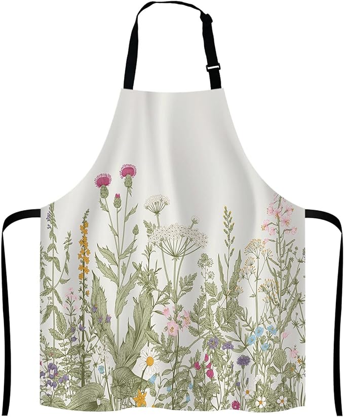 Herbs and Wild Flowers Bib Apron with Adjustable Neck for Men Women,Suitable for Home Kitchen Cooking Waitress Chef Grill Bistro Baking BBQ Cobbler Apron
