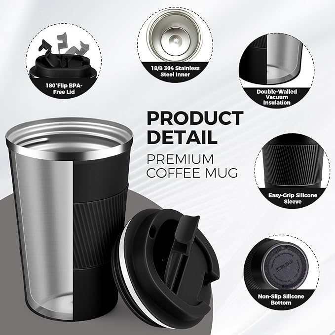 Volhoply 13 oz Stainless Steel Insulated Travel Coffee Mug with Fip Lid Bulk 4 Pack,Reusable Double Wall Vacuum Metal Coffee Cup,Portable Leak Proof Thermal Tumbler for Hot&Cold Drinks(Assort Color,4)