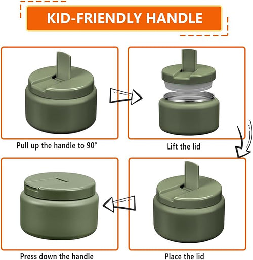 13.5oz Kids Thermos for Hot Food, Insulated Vacuum Food Jar with Buckle Lid, Stainless Steel Wide Mouth Leak Proof Insulated Lunch Container for School Picnic Travel, Green