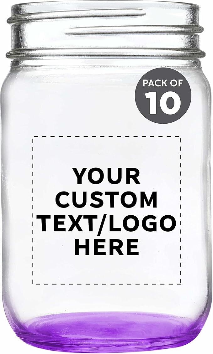 DISCOUNT PROMOS Custom Decorating Mason Jars 12 oz. Set of 10, Personalized Bulk Pack - Glass Jars for Overnight Oats, Candies, Fruits, Pickles, Spices, Beverages - Purple