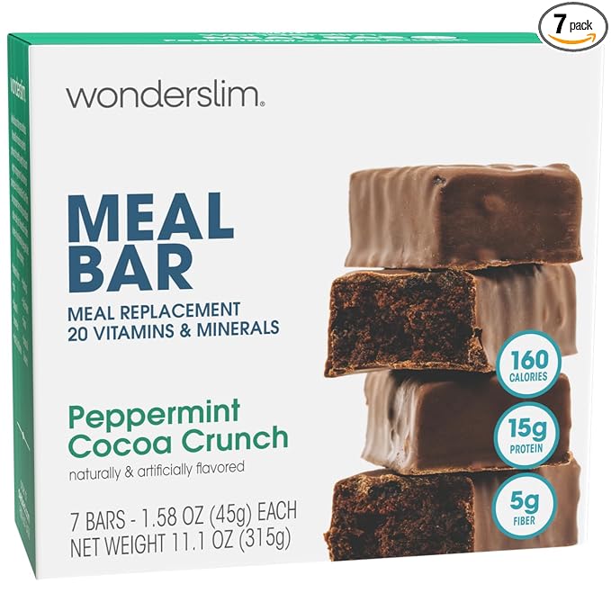 WonderSlim Meal Replacement Protein Bar, Peppermint Cocoa Crunch, 15g Protein, 20 Vitamins & Minerals, Gluten Free (7ct)