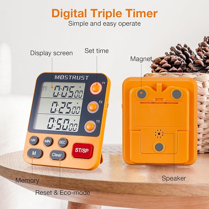 Digital Dual Kitchen Timer, 3 Channels Countdown Triple Timer for Cooking, Magnetic Memory-Preset Large-Display Adjustable Alarm Volume, Multi Times Management, 3A Battery Included, Blue
