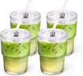 13 oz Glass Tumbler with Glass Straw and Lid, Leak-Proof Reusable Travel Cup for Iced Coffee, Tea, Matcha, Fruit Juice – Thick Wall Clear Water Bottle (Iridescent Shimmer, 4 Pack)