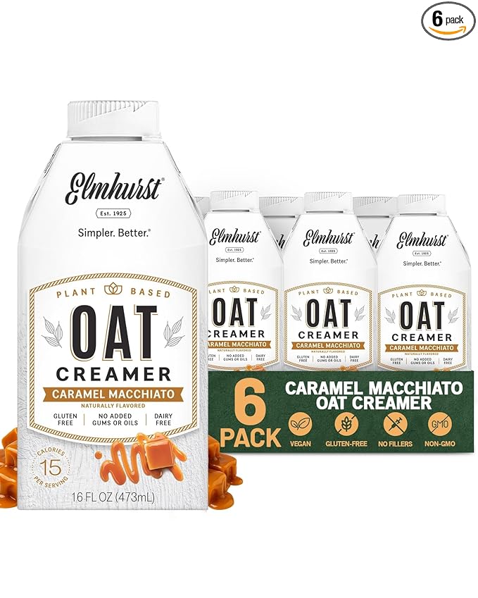 Elmhurst 1925 Caramel Macchiato Oat Creamer - 16 Ounce (Pack of 6) Dairy-Free, Vegan, Kosher, Low Sugar, Shelf Stable Creamer Made with Oat Grains & Caramel for Simpler Plant Based Alternatives