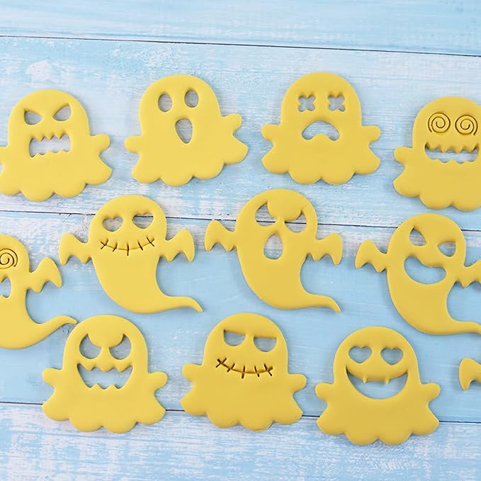 10Pcs Halloween Cookie Cutters, 3D Cookie Cutter with Plunger Stamp, Ghost Biscuit Cutters Cake Baking Fondant Embosser Stamps Halloween Party DIY Cake Decorating Tools(L10)