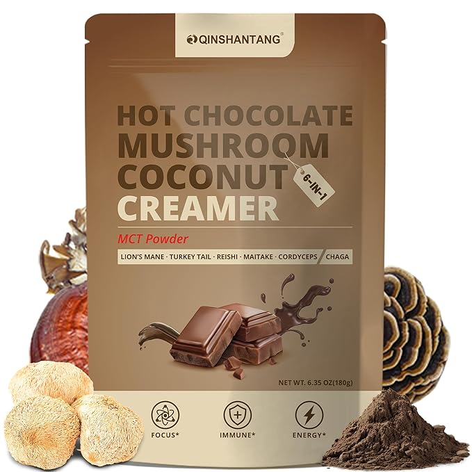 Mushroom Coffee Creamer, Chocolate Flavored Coconut Creamer with Cacao Powder, MCT and 6 Adaptogens (Lion's Mane, Chaga, Reishi) for Focus, Immunity – Sugar & Caffeine Free, Vegan, Gluten-Free, 6.35 Oz