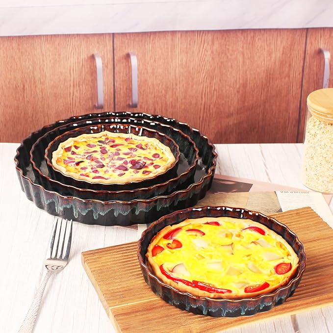 Ceramic Pie Pan Quiche Baking Dish, 9 Inch Round Ruffled Edge Au Gratin Baking Dishes, 27 Ounces Non-Stick Pie Dish, Tart Pan, Pie Plate for Apple, Oven, Dishwasher and Microwave Safe