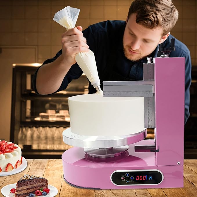 Cake Decorating Machine 200W Automatic, Tabletop Cake Cream Frosting Machine, Cream Smooth Coating Decoration Machine with LCD Display Type, Use for Cake Shops, Dessert Shops, Households (Pink)
