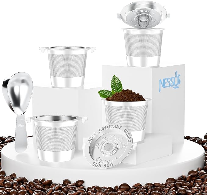 NESSUS reuse kcups for Keurig 1.0, Stainless steel reusable k cup, Metal k cups for keurig, refillable pod with Heat Resistant Handles and Coffee Scoop, NO BPA, 4 Pack