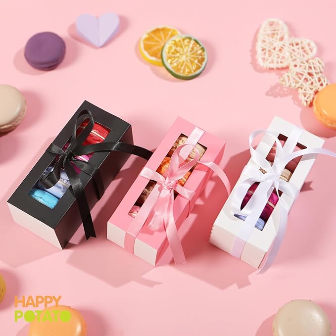 HAPPY POTATO 30 Pack Macaron Boxes for 4 or 5, 4×1.9×1.9 Inches, Macaron Packaging Boxes, Pink Macaron Box with Clear Window, Macaron Container Gift Boxes with Ribbon