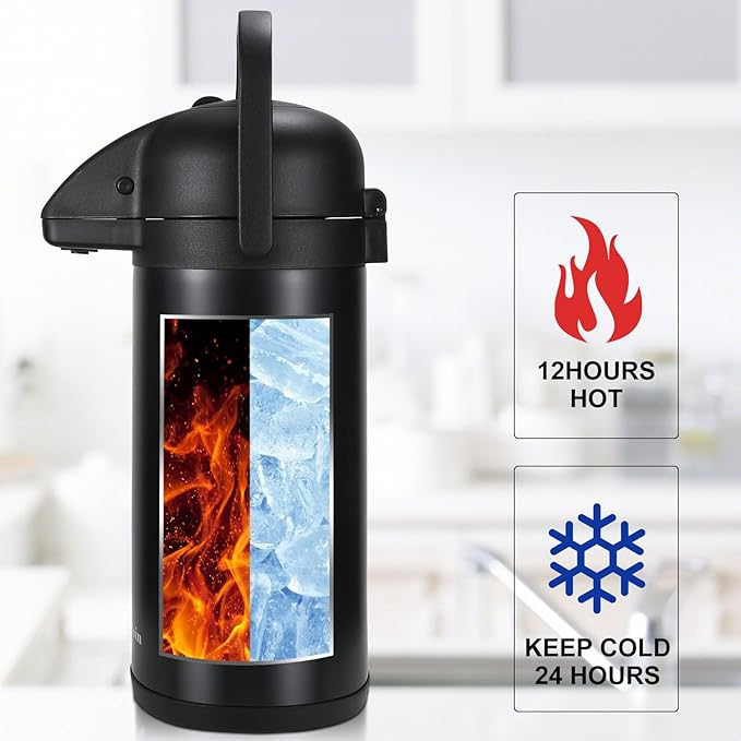 Updated Airpot Coffee Dispenser with Pump,102OZ Insulated Thermal Coffee Carafe for Keeping Hot - Cold Water, Party Chocolate Drinks & Stainless Steel Thermos Urn Large Thermal Hot Drink (Black)