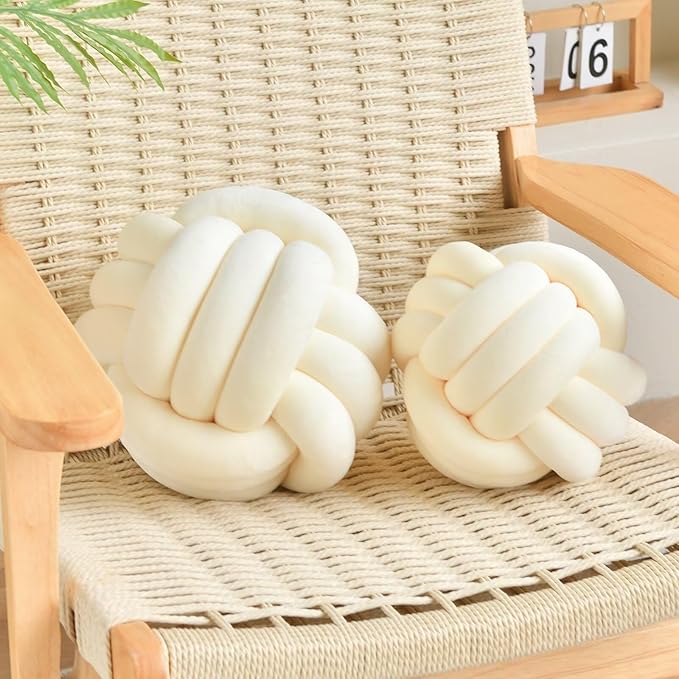 Decorative Throw Knot Pillow Ball for Home Chair Sofa Aesthetic Round Velvet Knotted Pillow Cushion (Milky White, 8 inches)