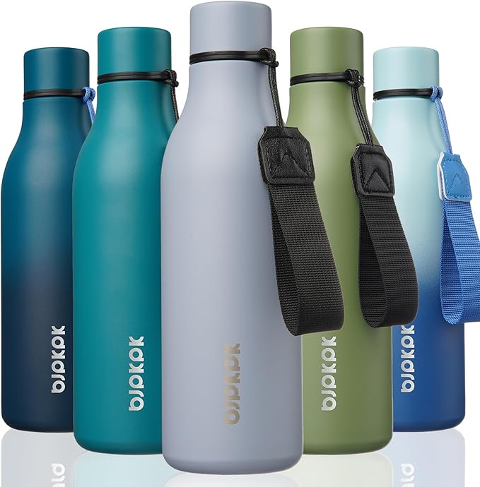BJPKPK Insulated Water Bottles, 18 oz Stainless Steel Metal Water Bottle with Strap, BPA Free Leak Proof Thermos, Mugs, Flasks, Reusable Thermos for Sports & Travel, Mist Grey