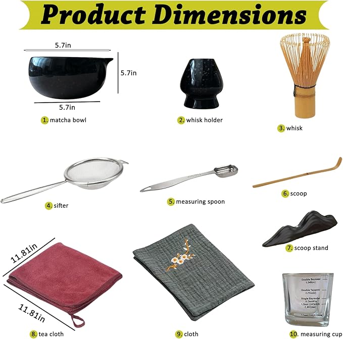 10 Pcs Matcha Whisk and Bowl Set – Traditional Black Matcha Tea Set with Bamboo Accessories – Japanese Style Matcha Set – Ideal Macha kit Set Gift