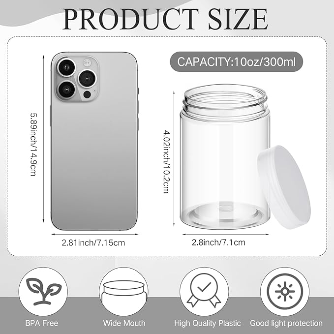 Patelai 4 Pieces Round Wide-mouth Leak Proof Plastic Container Jars with Lids for Travel Storage Makeup Beauty Products Face Creams Oils Salves Ointments DIY Making(10 Ounce,Clear)