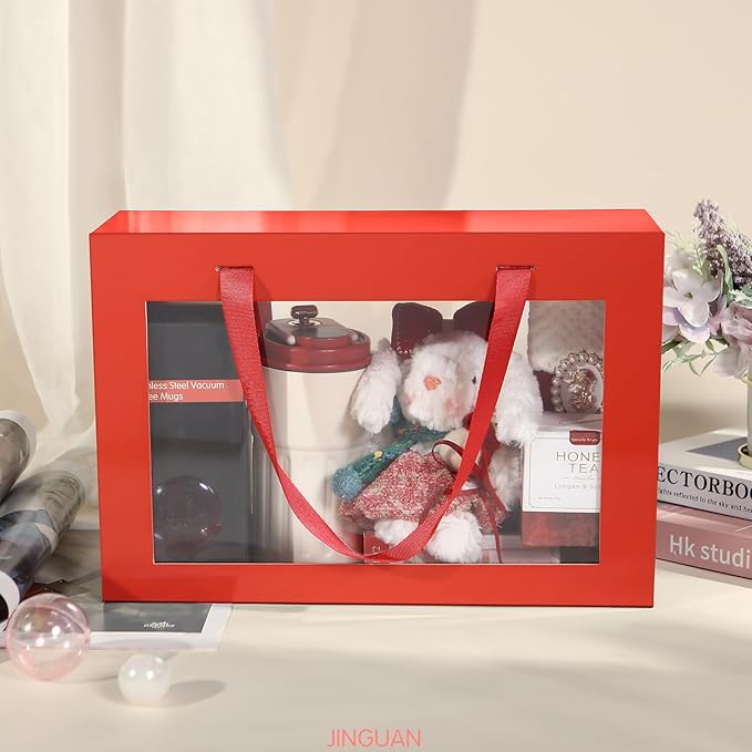 Large Red Clear Gift Box, 13.5x9x4.1 Inches, With Window & Handle, Magnetic Closure, Suitable for Various Occasions
