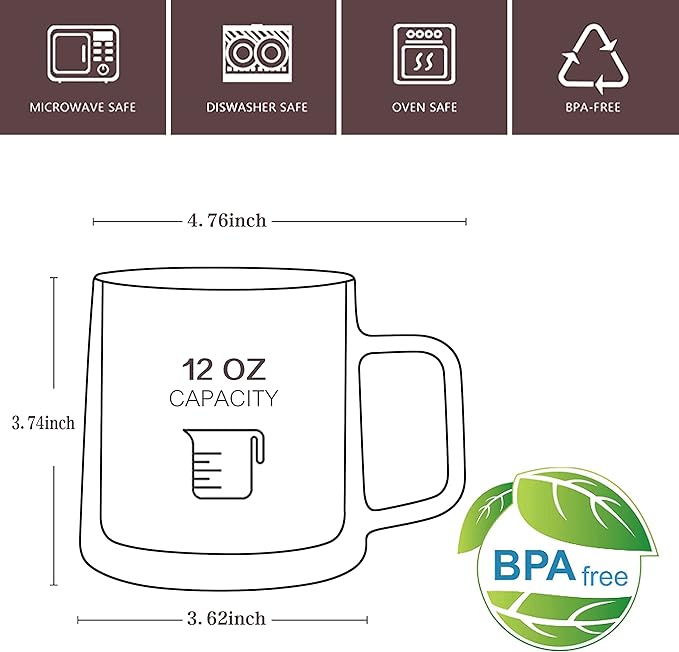 CNGLASS 12oz Glass Coffee Mugs,Double Wall Insulated Glass Cups with Handle,Clear Espresso Mugs for Latte,Cappuccino,Tea Bag,Set of 4