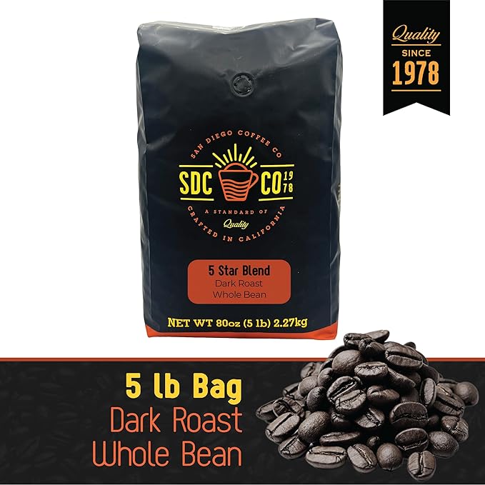 San Diego Coffee 5 Star Blend, Dark Roast, Whole Bean Coffee, 5-Pound Bag Café en grano tostado