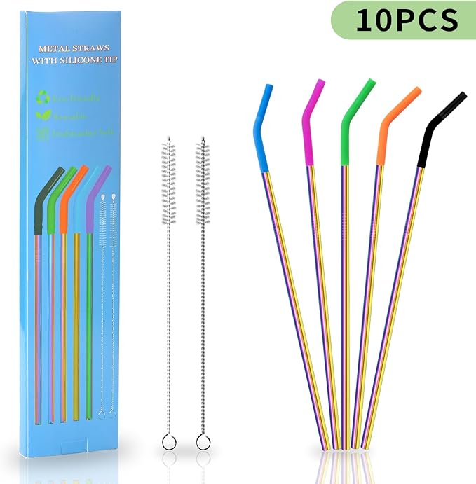 Lazycorner 10 Pcs Metal Straw Reusable 8.5" 6mm Stainless Steel Straws,20oz-32oz, Colorful Drinking Straws with Silicone Tips, 4 Straw Cleaner Brush, 1 Travel Case