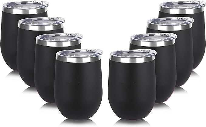 DOMICARE Stainless Steel Wine Tumbler Bulk with Lid, Personalized Insulated Tumblers Set, 12oz Travel Coffee Cups Pack of 8, Black