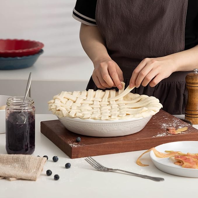 Fun Elements Pie Pan, 9 Inch Ceramic Pie Dish, Deep Dish Pie Pan with Lace Emboss, Ruffled Pie Plate for Baking, Thanksgiving Christmas Gifts(Bright White)