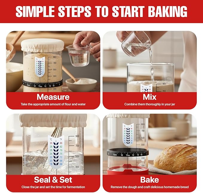 Sourdough Starter Kit, 34 Oz Sourdough Jar with Measuring Cup, Thermometer, Spatula, Dough Scraper, Bread Lame, Silicone Base & Cloth Cover, Feeding Band, Bread Baking Supplies for Bakers (34 Oz)