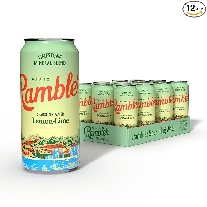AUTX RAMBLER Sparkling Water, Texas Limestone Mineral Blend, Lemon-Lime Flavor, 16-Ounce Tallboy Cans, 12-Pack