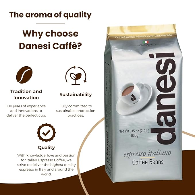 Danesi Caffe Italian Whole Coffee Beans - Espresso Coffee Beans and Medium Roast Whole Bean - Perfect for Espresso Machines, French Press, and Home Brewing - Gold (4.5 lb)