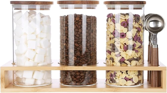 KKC HOME ACCENTS Sealed Glass Containers with Airtight Wood Lids and Scoops for Kitchen Counter,Sealed Jars for Flour,Brown Sugar,Loose Leaf Tea,Coffee Bean or Ground Coffee,39 Fluid-oz