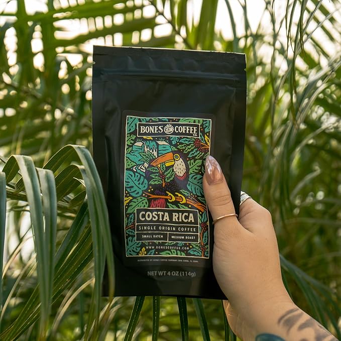 Bones Coffee Company NEW World Tour Sample Pack, Single-Origin Flavored Coffee Low Acid Medium Roast Arabica Beans Specialty Coffee Gifts Compatible Auto Drip and French Press, 4 oz Pack of 5 Ground