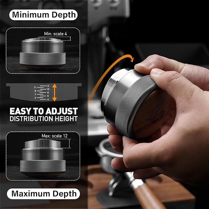 CrossCreek 54mm Espresso Distributor | Adjustable Depth Distribution Tools Fits 54mm Breville Portafilter | Stainless Steel & Walnut Coffee Distributor | Espresso Machine Accessories for Coffee Bar