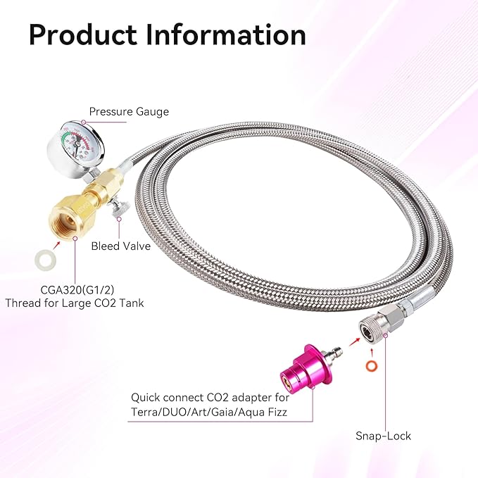 Quick Connect CO2 Adapter with 60in Stainless Steel Hose Pressure Gauge & Exhaust Valve, CGA320 CO2 Cylinder Tank Direct Adapter to Sparkling Water Soda Maker for Terra DUO Art Gaia Aqua Fizz