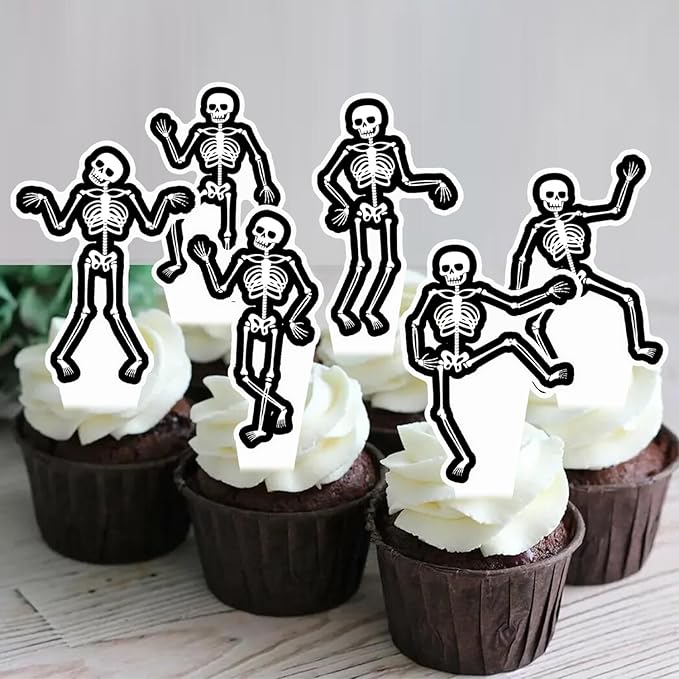 Dancing Skeleton Halloween Cupcake Toppers 48PCS Black Skull Party Cake Decorations Skeleton Cupcake Picks Halloween Birthday Party Decorations for Horror Theme Party Baby Shower Supplies