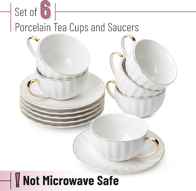 BTaT- White Tea Cups and Saucers Set With Gift Box, 7oz, Set of 6 With Gold Rim, for Adults, Bulk
