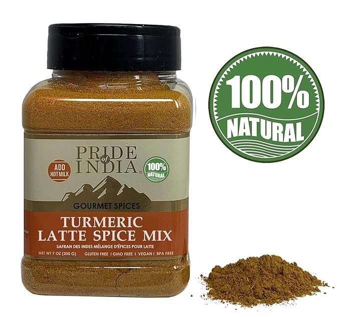 Pride of India - PACK of 6 - Turmeric Latte Spice Mix – Gourmet & Warm Tea Spice Blend – Healthy/Gluten-Free – Ideal for Lattes/Smoothies/Golden Milk – Easy to Store – 7 oz. Medium Dual Sifter Jar