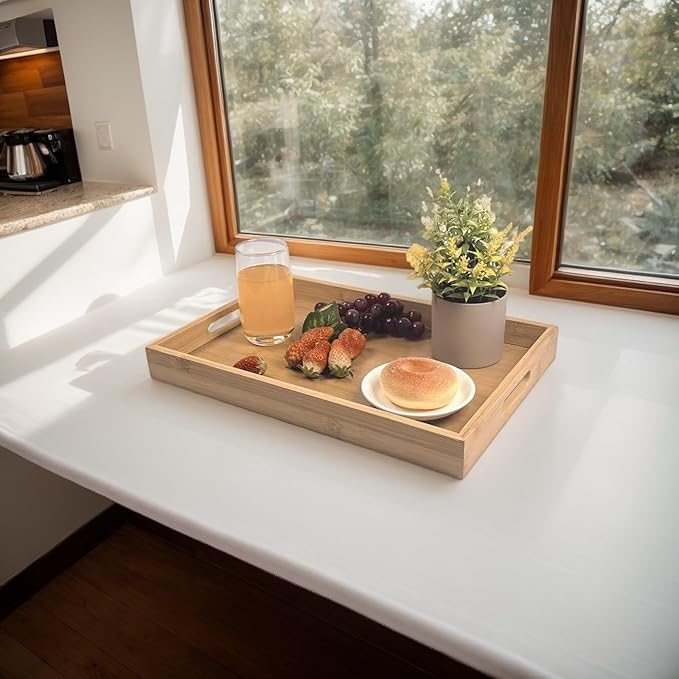 Large Bamboo Wooden Tray with Handles, Rectangular Natural Solid Wood Dinner Tray, Bamboo Wood Original Color. Suitable for Kitchen,Bedroom, Coffee, Party bar. (14.9x10.2 inches)