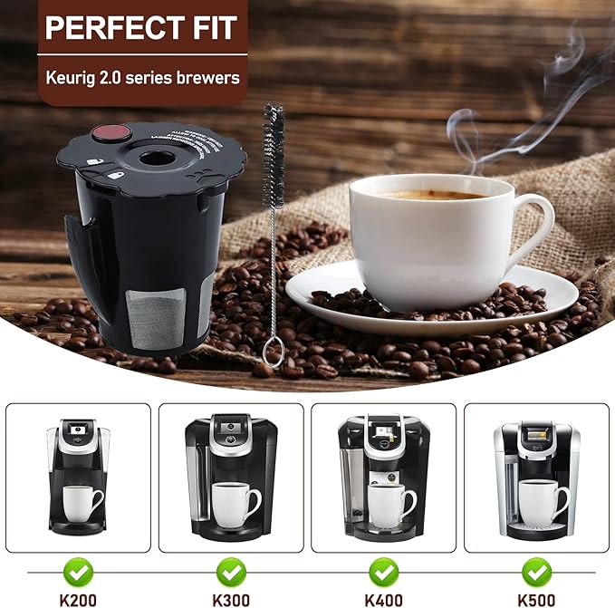 6-Pack Sikawai Fit for 119367 Reusable Coffee Keurig Filter Replacement Part K200 K250 K300 K350- Reusable K Cups for Keurig K-cup 2.0 Series Keurig Reusable Coffee Pods with Cleaning Brush