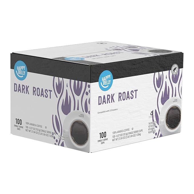 Amazon Brand - Happy Belly Dark Roast Coffee Pods, Compatible with Keurig 2.0 K-Cup Brewers, 100 Count (Pack of 2)