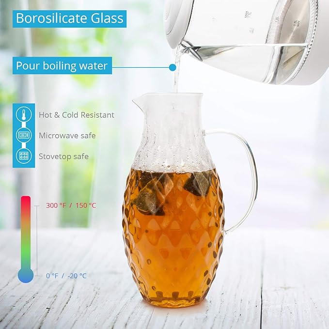 Glass Pitcher with Lid and Spout - 3 Liter / 100 oz, Borosilicate Glass w/Handle - Carafe for Hot/Cold Beverages - Water Jug - Iced Tea Pitcher - Juice Server - by PJC-Kitchen