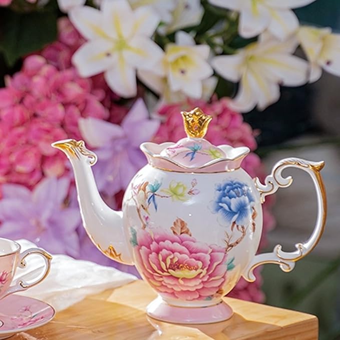 ACMLIFE Tea Set for Adults- Fine China Tea Set for 6, 21-Piece Vintage Coffee Set English Porcelain Tea Pot Sets for Adult Tea Party for Women Gift (Pink, Extra Large 21)