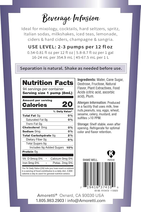 Amoretti - Plum Beverage Infusion, 94 Servings Per Bottle (750 ml) - Drink Mix & Water Enhancer with Pump for Flavoring Cocktails, Waters, Teas, and other Beverages, Preservative Free